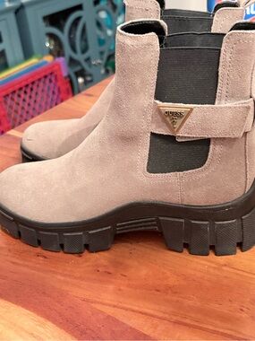 GUESS Suede Chelsea Lug Boots in Taupe with Black Elastic